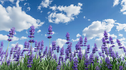 Obraz premium Beautiful field of lavender flowers is spread out across the sky, with a clear blue sky above them. The flowers are in full bloom, creating a vibrant and colorful scene. Scene is calm and tranquil