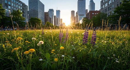 Urban sunset field bursting with colorful flowers.  Lupines, dandelions, and daisies.  Tall grass and towering buildings.