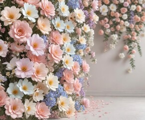 Artificial flowers wall with delicate petals in pastel colors,  wall decoration,  background