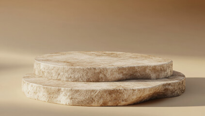 Minimalistic stone podium for product presentation, close-up, on a beige background, high-resolution photography.