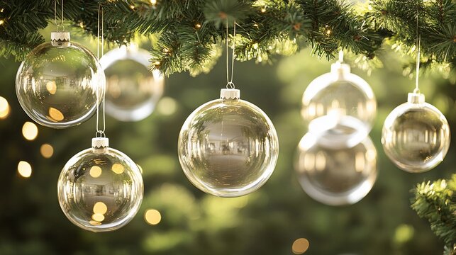 Transparent glass ornaments hanging on a Christmas tree.