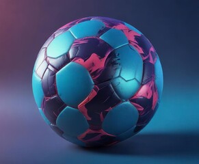 Fototapeta premium A vibrant, glowing neon colored soccer ball resting on a bright blue surface with subtle gradient effect , ball, abstract