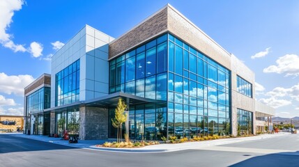 Obraz premium Workers applying finishing touches to a commercial building, including painting and installing glass panels.