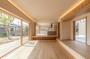 Obraz premium A large open living room with a wood floor. There is a bench in the room