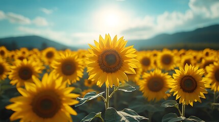 Fototapeta premium Sunflowers Field, Yellow Flowers, Nature Landscape