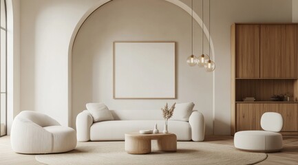 A living room with a white couch, a coffee table, and a chair. The couch is white and has pillows on it. There is a vase on the coffee table