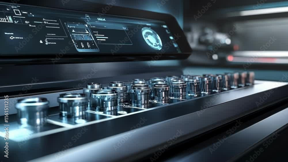 Poster closeup of a sleek robotic gripper skillfully maneuvering parts on a mini conveyor belt while a touc