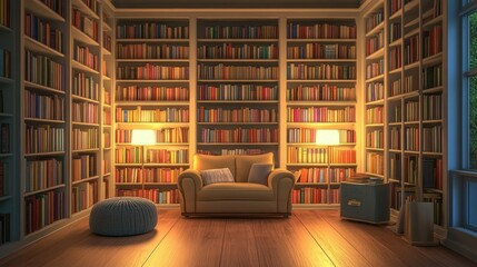 Cozy library interior at night with bookshelves, armchair, and lamps.