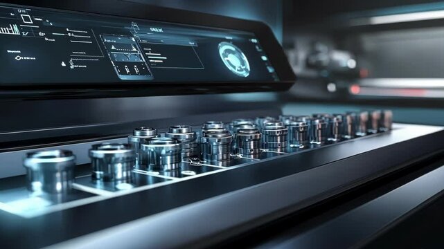Closeup of a sleek robotic gripper skillfully maneuvering parts on a mini conveyor belt while a touchscreen interface displays the current production cycle and optimization recommendations.