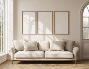 A white couch with three empty frames on the wall. The couch is in a room with a window