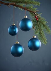 Christmas ornaments hanging from a branch on a blue background,  holly,  twigs