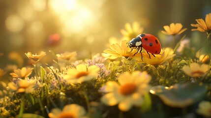 Naklejka premium Ladybug on yellow flowers in sunset.