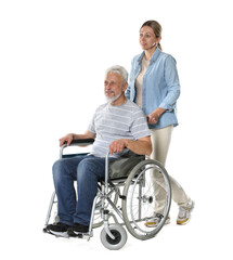 Obraz premium Woman with senior man in wheelchair on white background