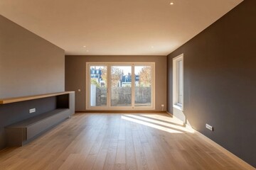 A large empty room with a wooden floor and a window. The window is open. There is a bench in the room