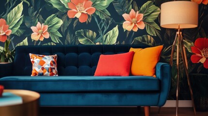 Teal velvet sofa with colorful pillows against floral wallpaper.