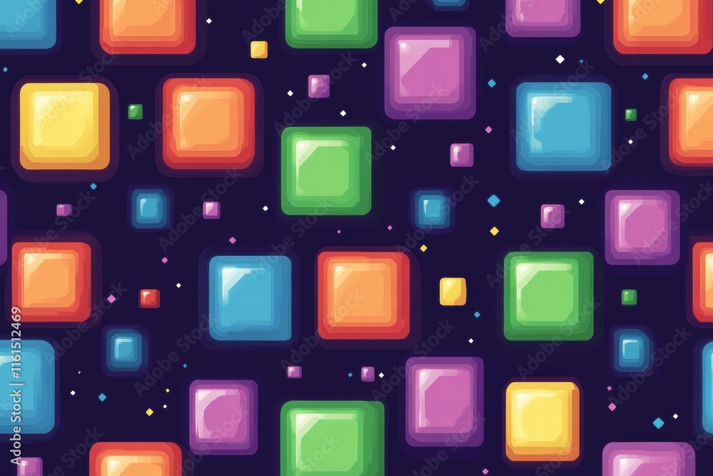 Poster Seamless pixel art pattern featuring colorful geometric shapes on a dark background suitable for various design projects. Generative AI