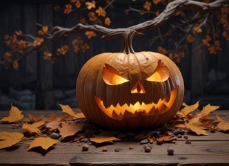 Dark eerie pumpkin carving on wooden planks with gnarled branches and dry leaves ,  halloween,  pumpkins