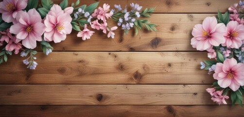 Delicate watercolor blooms on a rustic wooden background,  natural texture,  flowers