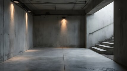 Obraz premium Atmospheric Dimly Lit Underground Space, Aged Elegance in Urban Grunge Concrete Interior with Subtle Stucco Accents and Long Shadows