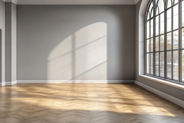 Fototapeta premium A large room with a window and a white wall. The room is empty and has a lot of natural light
