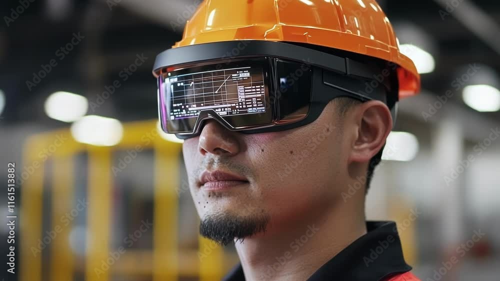 Poster a closeup of a factory worker wearing augmented reality goggles which display relevant data overlays