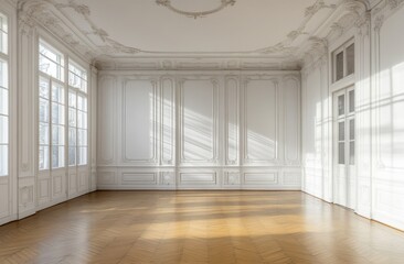 Fototapeta premium A large room with white walls and wooden floors. There is a window in the room