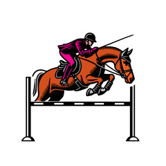 Fototapeta premium An equestrian rider on a jumping horse, clearing a fence in mid-air