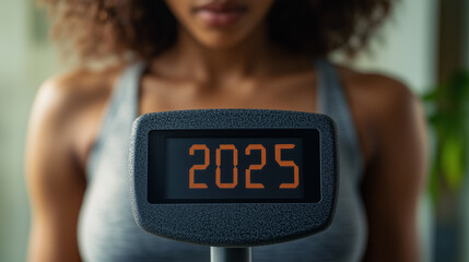 Healthy and fit African American woman looking at the readout of scales that says '2025'. Concept of New Year's resolution to be fit and healthy.