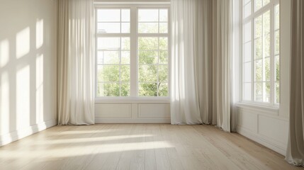 Fototapeta premium A spacious room with white curtains and two large windows. The curtains are white and the windows are clear, allowing for plenty of natural light to fill the room. The room is empty