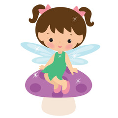 Cute little  garden fairy sitting on the mushroom vector cartoon illustration