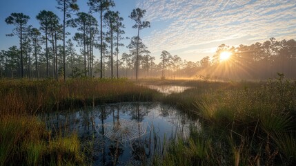 Fototapeta premium Sunrise over misty swamp with tall pines reflecting in calm water.
