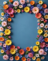 Obraz premium Colorful spring flowers arranged in a beautiful frame on a blue background with empty space , home decor, spring flowers
