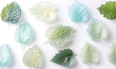 Fototapeta premium Pastel glass leaf decor on white background.