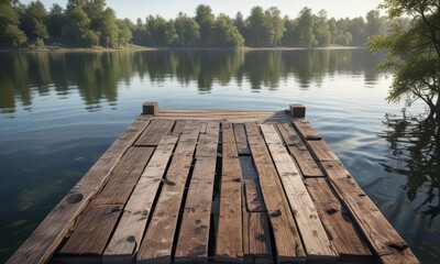Fototapeta premium Old wooden dock on lake or river with peeling boards, wooden plank, water edge