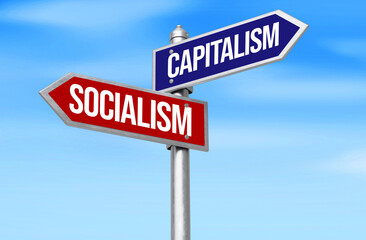 Capitalism vs Socialism on two signboards on is left and other is right, sky backdrop.