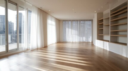 Fototapeta premium A large open room with white curtains and wooden floors. There is a window with a view of the city