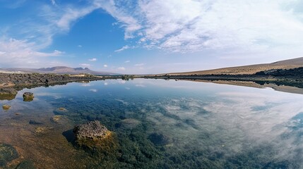 Obraz premium Panoramic view of El Lago Verde in El Golfo, Lanzarote