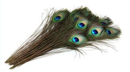 Obraz premium Peacock feathers on a white backdrop