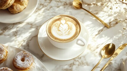 Premium coffee cup with intricate latte art and delicious pastries on a marble table. Generative AI