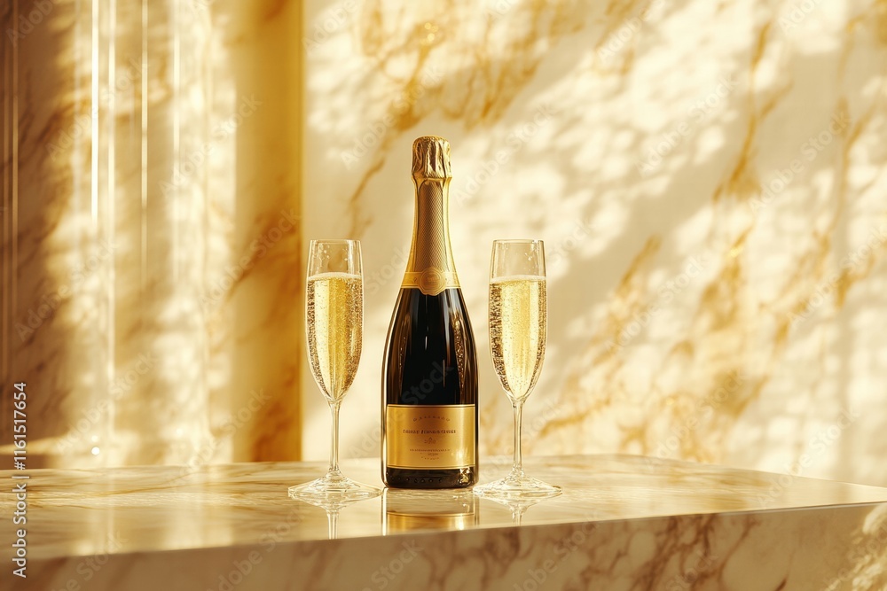 Poster elegant champagne bottle accompanied by crystal flutes placed on a marble surface illuminated by sof