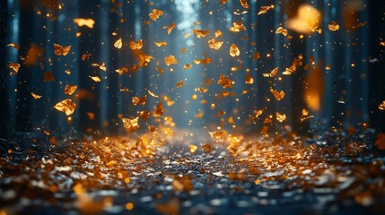 Golden leaves falling in a dark forest.