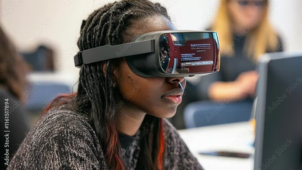 Poster professional software engineer wearing virtual reality headset testing immersive digital experience 
