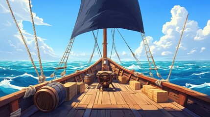 Pirate ship deck sailing in sea. Vector cartoon illustration of wooden boat with steering wheel, black sail and ropes, boxes, barrels on board, old vessel floating on water waves, clouds in blue sky