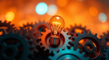 An illustration of a lightbulb surrounded by gears, representing the innovation and ideation process inherent in business development