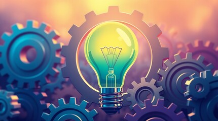 An illustration of a lightbulb surrounded by gears, representing the innovation and ideation process inherent in business development