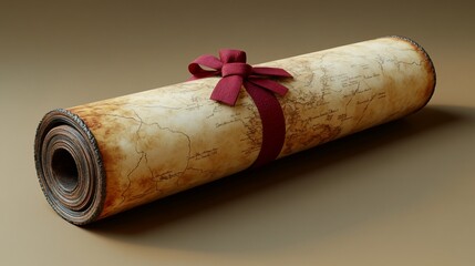 Rolled antique map tied with a red ribbon.