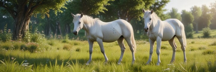 Obraz premium A young unicorn mare and foal grazing in a lush meadow, wild, freedom