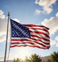 Colorful American flag waving in wind on a sunny day,  flagpole,  usa