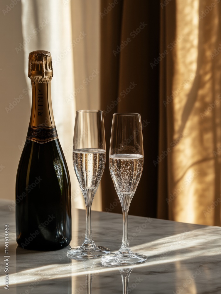 Poster premium champagne bottle alongside two crystal flutes on marble surface with warm sunlight filtering