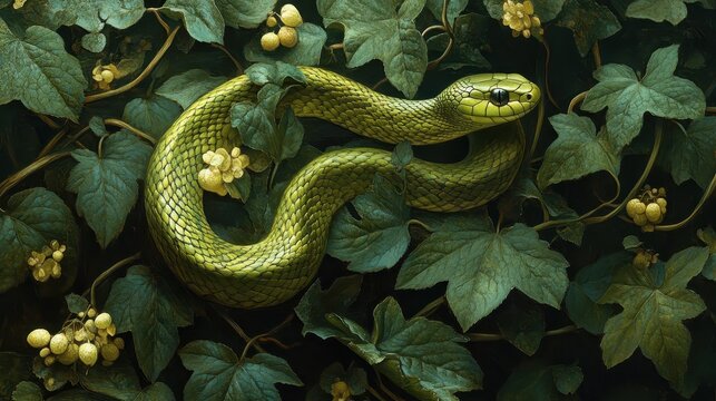 Serpentine figure of green snake climbing a vine, its body blending into surrounding leaves.